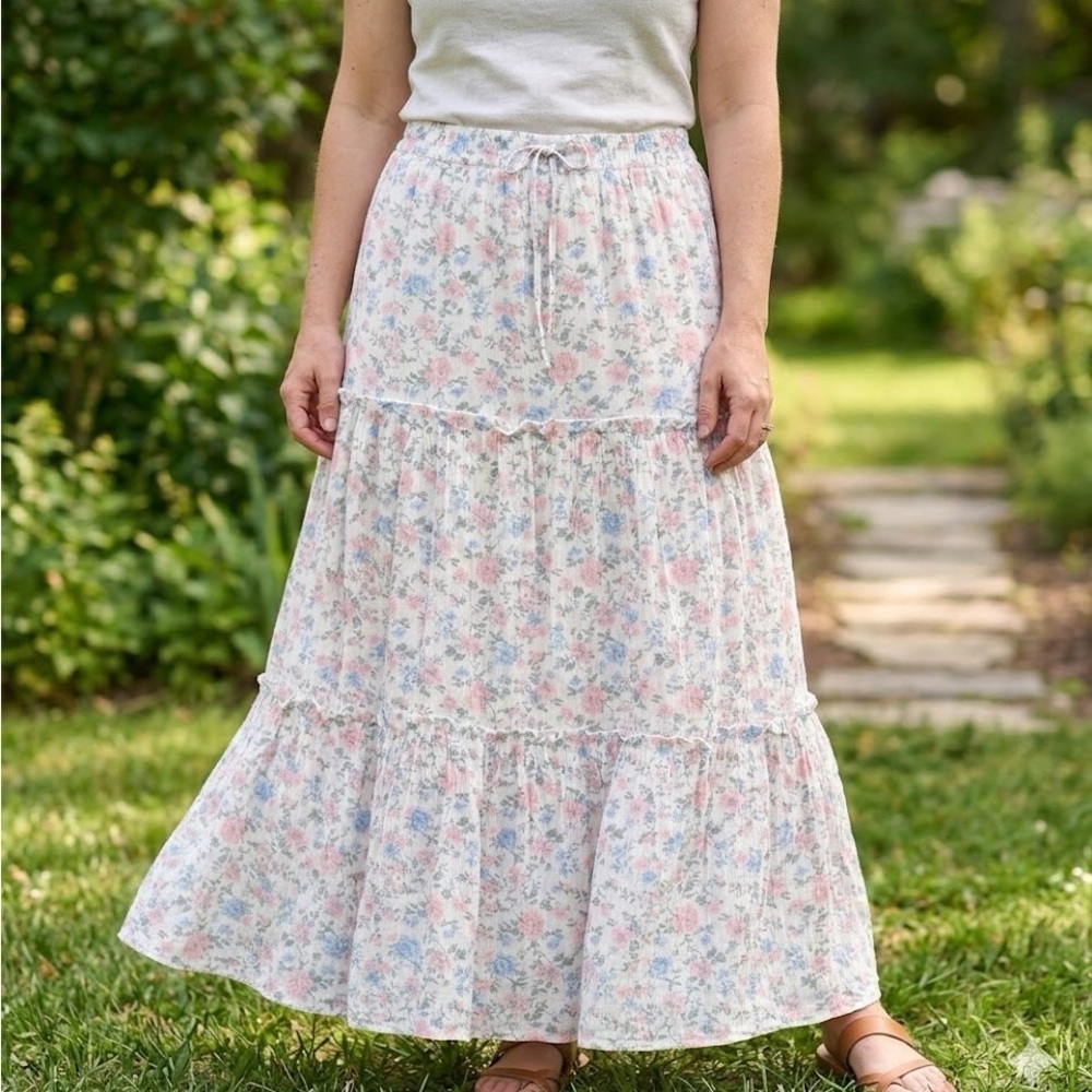 Celebrity Pink Floral Tiered Maxi Skirt - White with Pink & Blue
